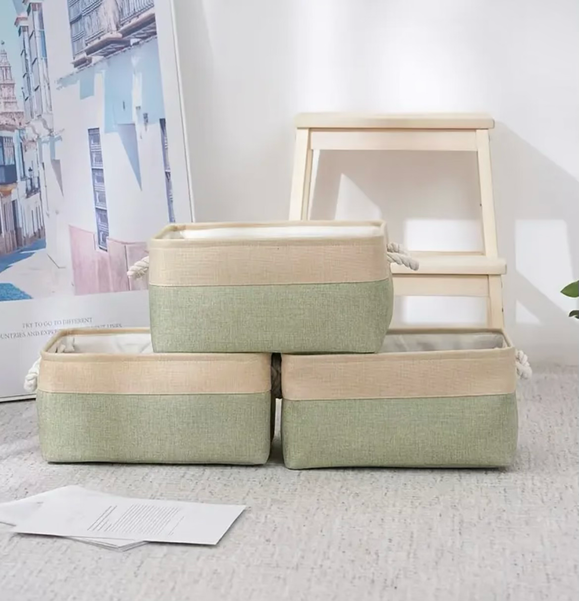 4pcs Linen Storage Basket Set with Handles