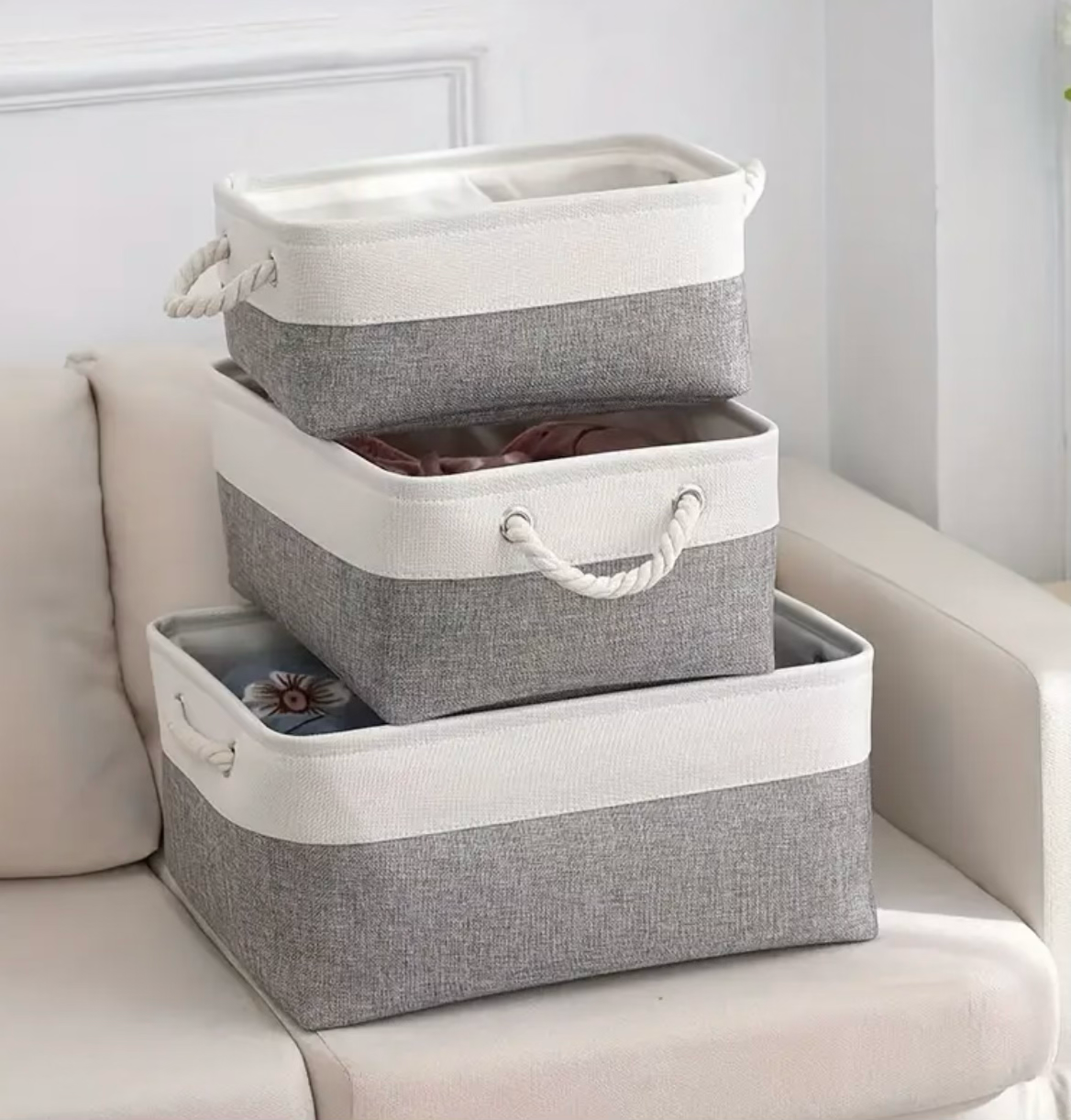 4pcs Linen Storage Basket Set with Handles