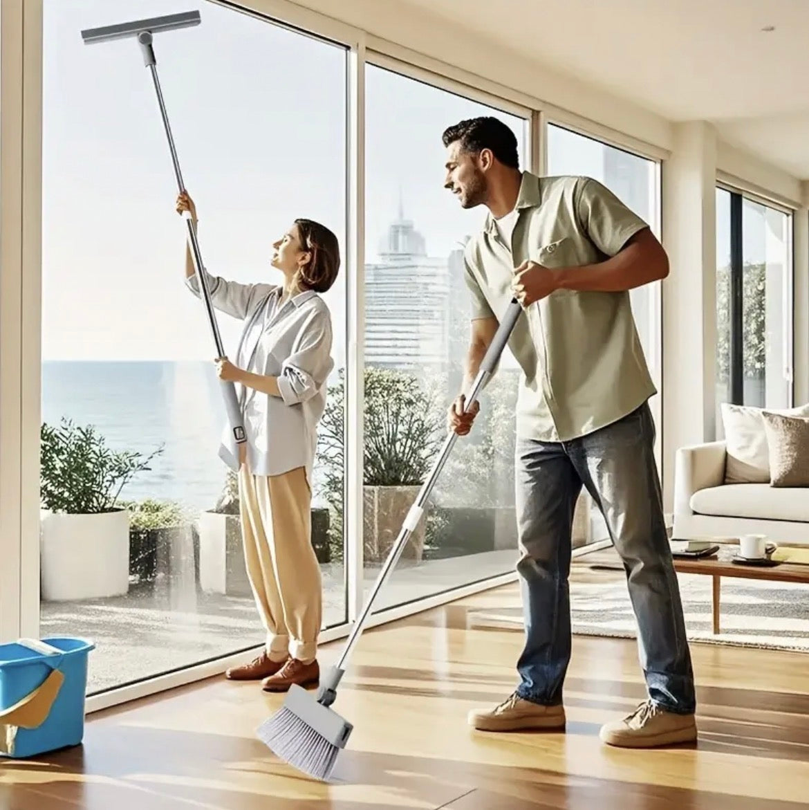 4-in-1 Long-Handled Mop with 3 Cleaning Mops